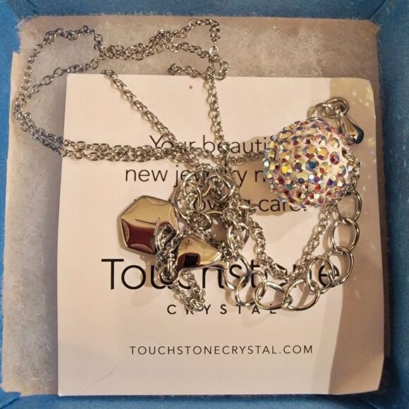 #Touchstone Crystal Aurore Boreale Pavé Ball Necklace Rhodium Plate #NIB #NWT - Picture 3 of 5